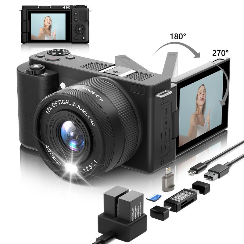 Portable Retro Camera,64MP vlogging camera with WiFi,4K Digital camera flip screen travel Camera,12X Optical Zoom ,camera microphone,64GB SD Card,Summer gift Outdoorfun