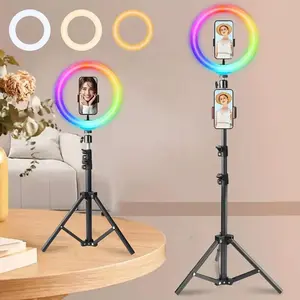 12" Selfie Ring Light with 43" Extendable Tripod Stand Desk Selfie Lights 25 Color Modes, Upgrade 3 in 1 Dimmable Adjustable Speed Ring Light for Makeup/TIK Tok/YouTube Gift Goals Achieved RGB Set rgb color mode SuperBowl