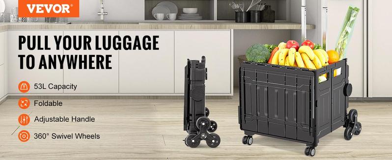 VEVOR Foldable Stair Climbing Foldable Shopping Cart, TikTokShopBlackFriday, 155 lbs Collapsible Teacher Cart, Portable Rolling Crate Handcart with Telescoping Handle & Lid, Foldable Grocery Cart Utility Cart Multipurpose