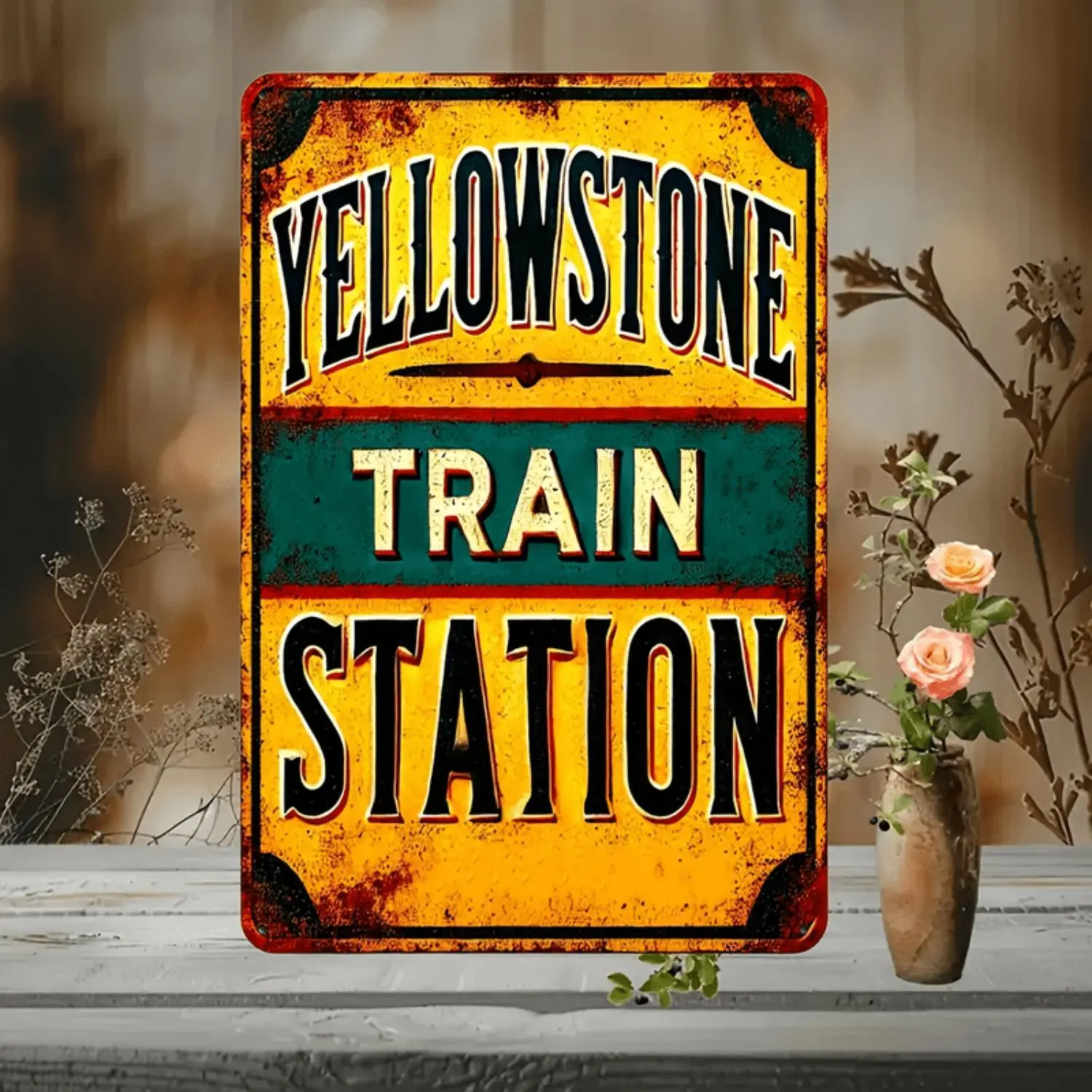 Yellowstone Train Station Vintage Metal Sign 8x12 Inch Rustic Waterproof Wall Art for Home Garage Bar Farmhouse Decor