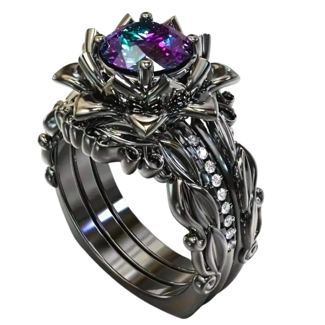 3pcs Rainbow CZ Flower and Leaf Design Ring Set for Women, Unique Engagement/Wedding Rings, Perfect Valentine's Day Gift for Girlfriend