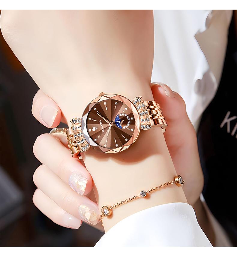 VEADONS Luxury Women's Jewelry Watch Diamond Cut Crystal Stainless Steel Case Water Resistant Moon Star Sun Design Elegant Wristwatch Perfect Gift for Her