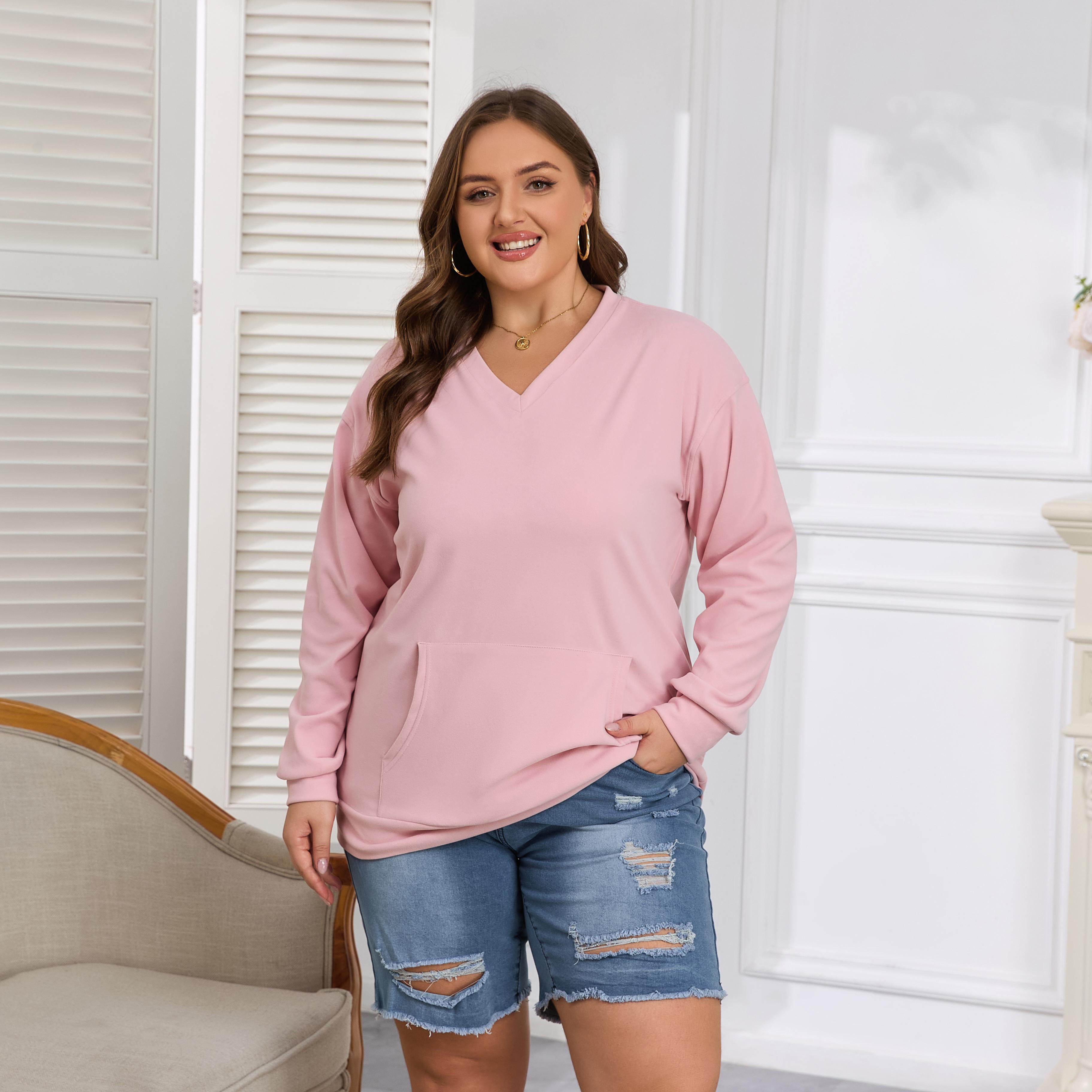 AUSELILY Women's Hoodless V-neck Sweatshirt With Kangaroo Pocket Fleece Longsleeve Oversized Casual Style Shirt AUSELILY Women's Hoodless V-neck Sweatshirt With Kangaroo Pocket Fleece Longsleeve Oversized Casual Style Shirt