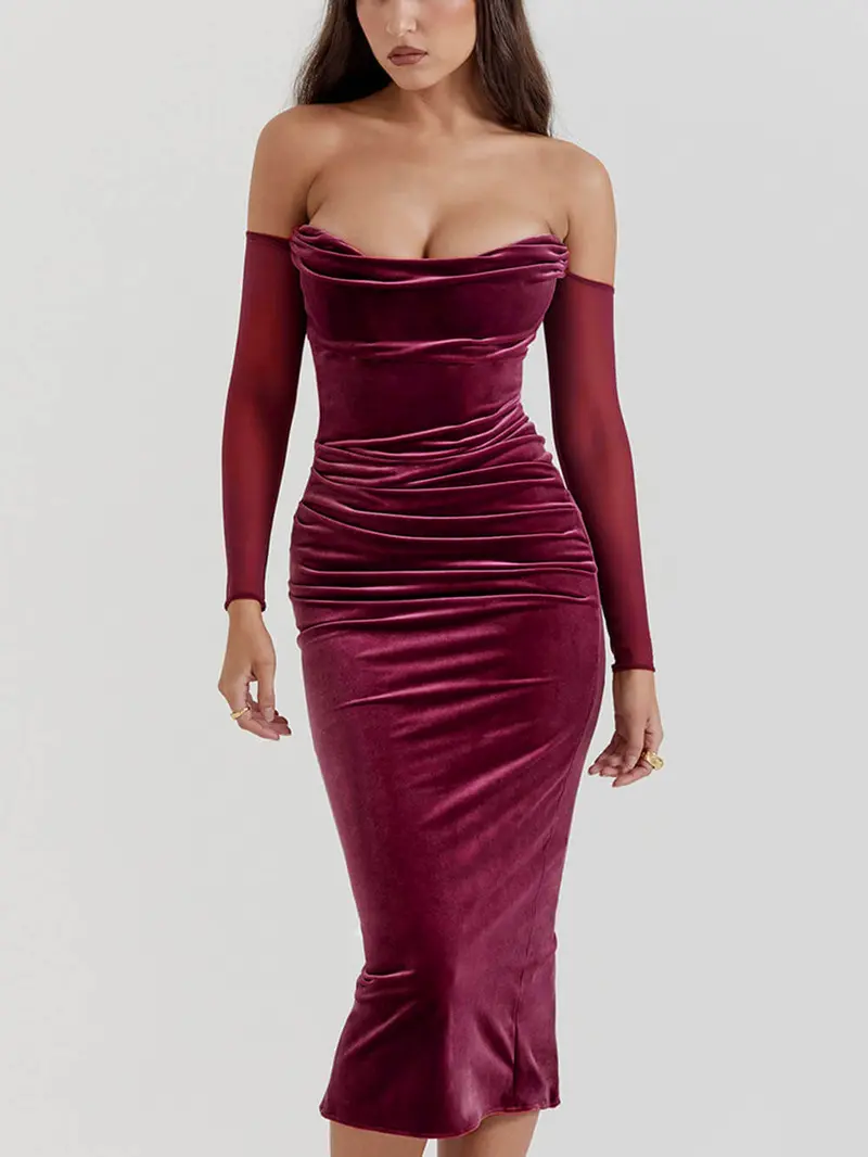 LikeMyChoice Burgundy Velvet Off-Shoulder Ruched Midi Dress for Women with Detachable Sheer Sleeves Back Slit Formal Party Wedding Guest Wear
