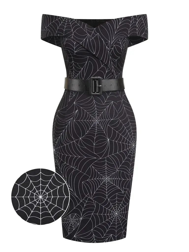 RETRO STAGE Women's Vintage 1960s Off-Shoulder Swing Dress with Spider Web Pattern, Elegant Witchy Party Apparel for Ladies, Lady, 1960S Outfit Ideas, Dark Gothic Casual Dresses, Edgy Casual Dresses BackToSchool