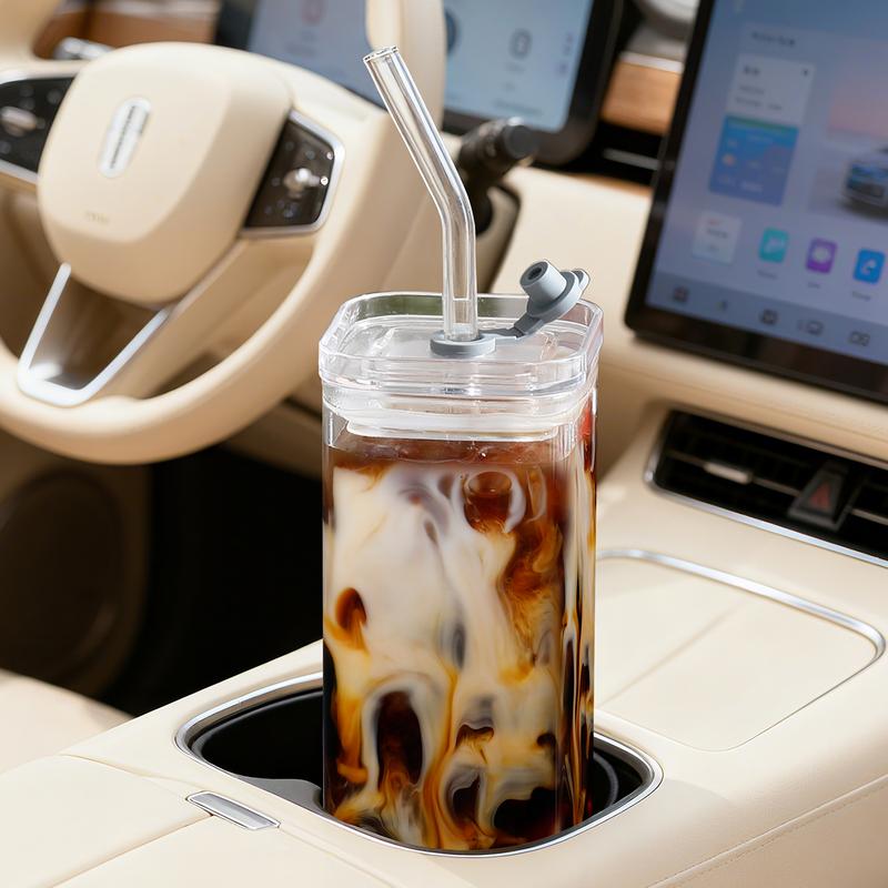 DWTS DANWEITESI 4-Pack Glass Cup and Straw Set - 13oz Portable Square Drinking Glasses for Water, Smoothies, Juices, Coffee & Beer, Stylish Drinkware, Reusable Tumbler Bottles