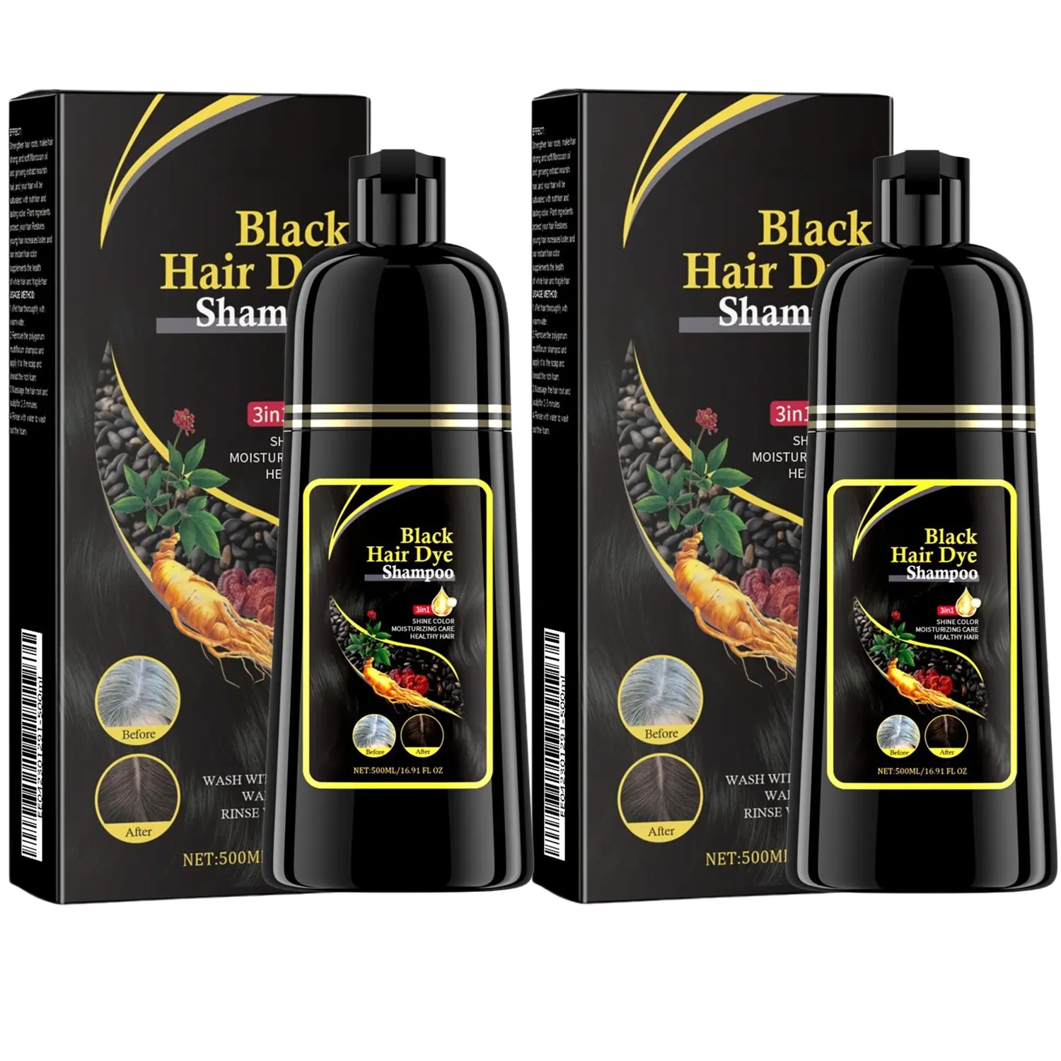 2 Pack Hair Dye Shampoo 500ml 3 in 1 for Gray Hair, Herbal Ingredients Natural Shampoo Hair Dye for Women Men (Black)