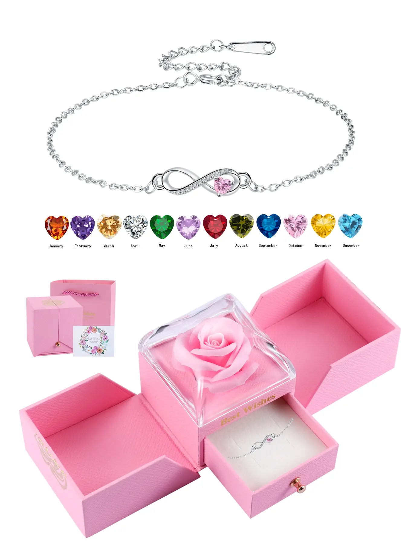 Love Heart CZ Birthstone Infinity Bracelets With Rose Jewelry Gift Box, Endless Love Symbol Bracelets for Women, Anniversary Birthday Christmas Jewelry Gift for Wife Mom Daughter, Heart Zirconia Bracelet, Heart Shaped Bracelet