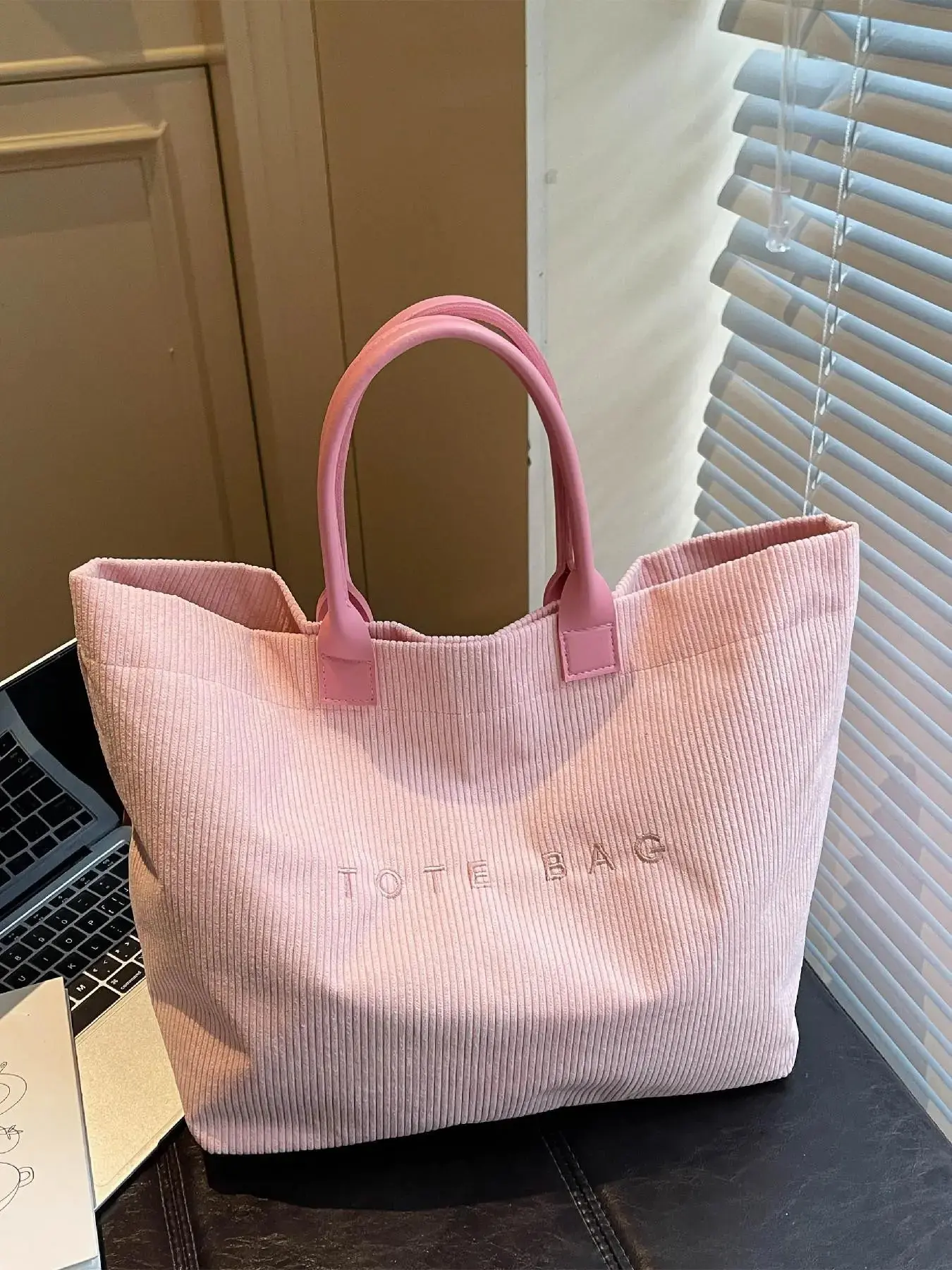 Casual Fashion Large Capacity Corduroy Letter Design Handbag, Perfect for Work & Daily Use, Stylish and Spacious Shoulder Bag