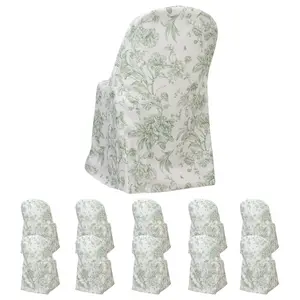 10 Pack Polyester Folding Chair Covers – White Dusty Sage Green French Toile Pattern, Reusable Stain-Resistant Slip-On Slipcovers