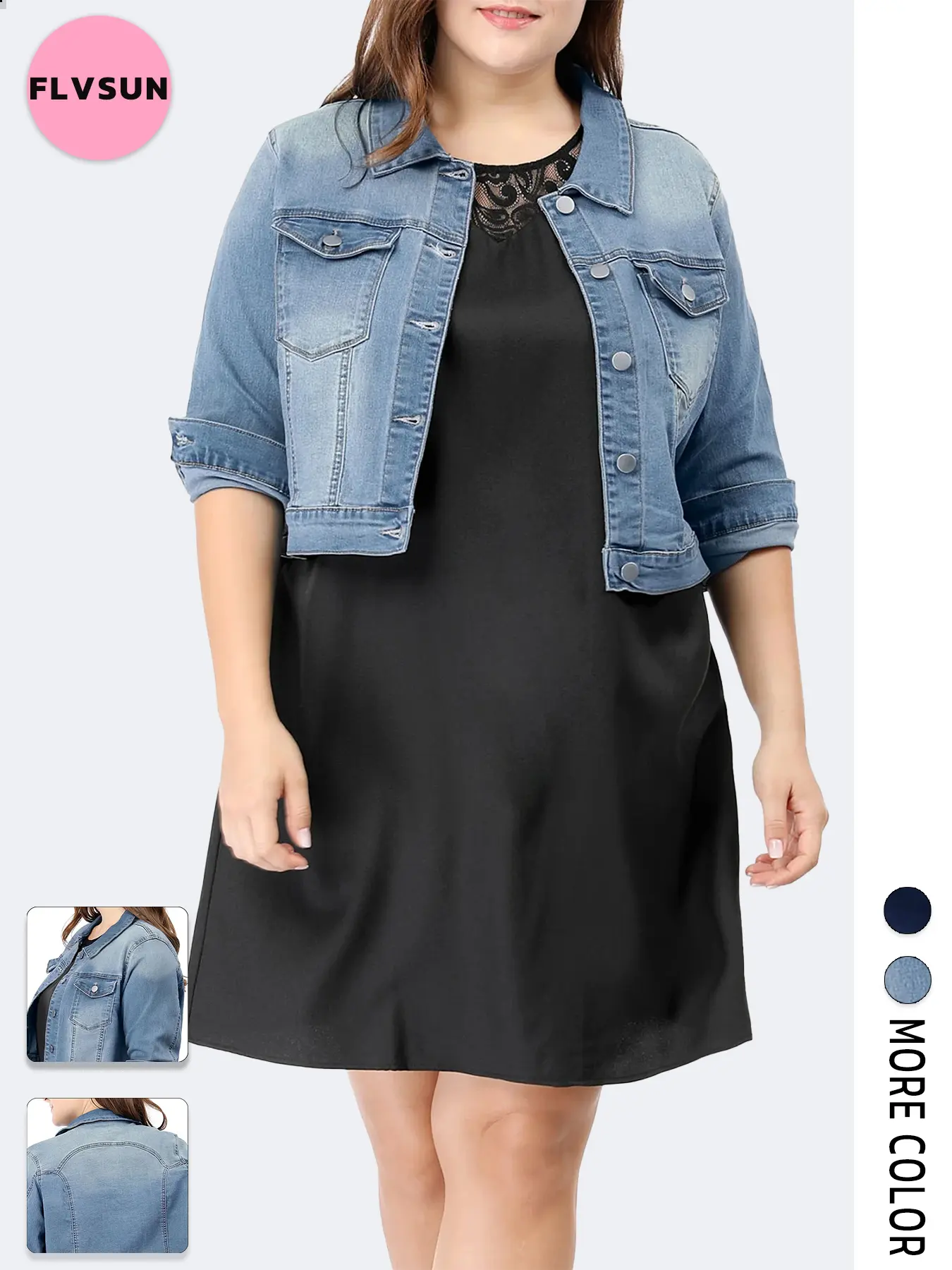 Flvsun Women's Plus Size Cowboy Denim Vest - 3/4 Sleeve, Square Neck, Button Close, Cropped, Stitched Pockets, Casual, Allows Airflow, Minimalist Vintage Graphic, Brunch-Ready Layer, All Seasons Western Essential Top