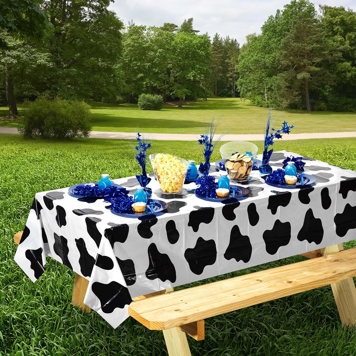 Cow print tablecloth (pack of 6 pieces) 54 x 72 inch farm animal themed party tablecloth, birthday party supplies, and picnic table cover (black and white)