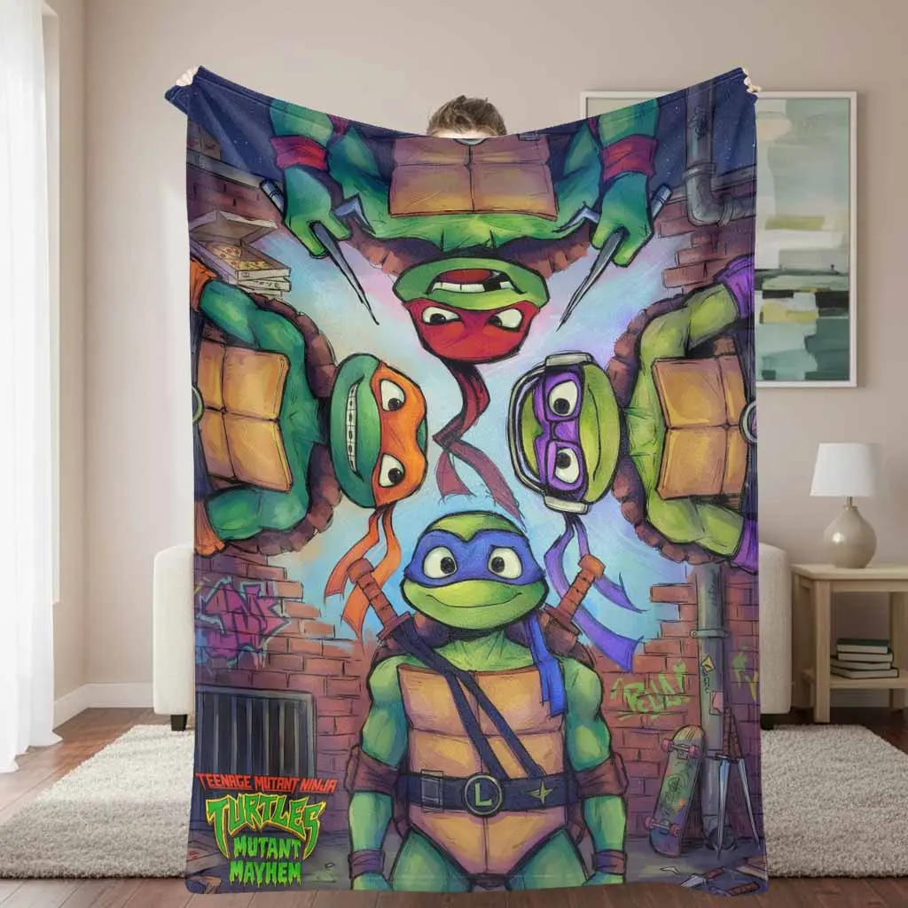 Cartoon Ninja Turtle Flannel Blanket Colorful Street Art Comic Print Soft Warm Cozy Lightweight Throw for Bedroom Decor Sofa Lounge Movie Night Birthday Gift Holiday Relaxation Living Room Use