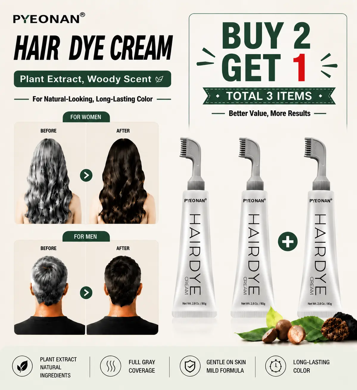 PYEONAN Hair Dye Comb / Hair Dye Cream - Portable Home Use, Gentle Plant Extract Formula, No Ammonia & No Hydrogen Peroxide, 100% Gray Hair Coverage, Long-Lasting Color, Available in Natural Black and Dark Brown, 1 Box Includes Hair Dye Comb