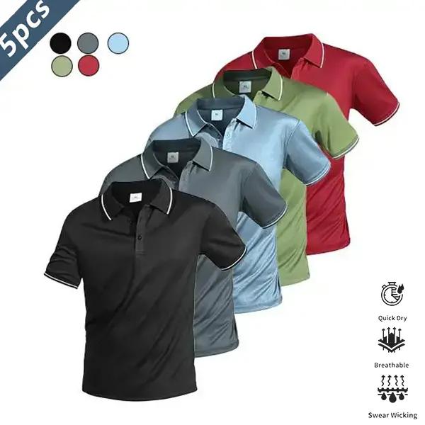 Five-piece men’s casual short-sleeve polo set—quick-dry golf and tennis shirts, comfortable riding wear, stylish men’s sportswear—ideal for casual gatherings, vacations, and travel; contrast color design at the neckline and cuffs.