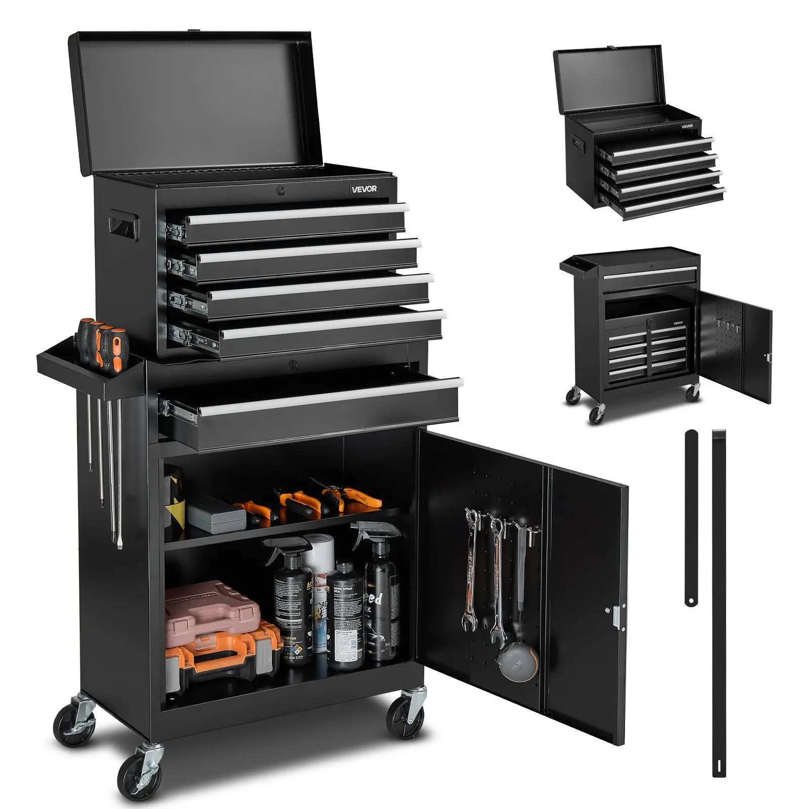 【summerfinds】VEVOR Rolling Tool Chest, 2-in-1 Design, 5 Drawers Tool Cabinet Organizer with Detachable Top Metal Toolbox, Lock Bar, Protective Liner, and Tools Rack, Garage Storage Cabinet for Warehouse, Workshop