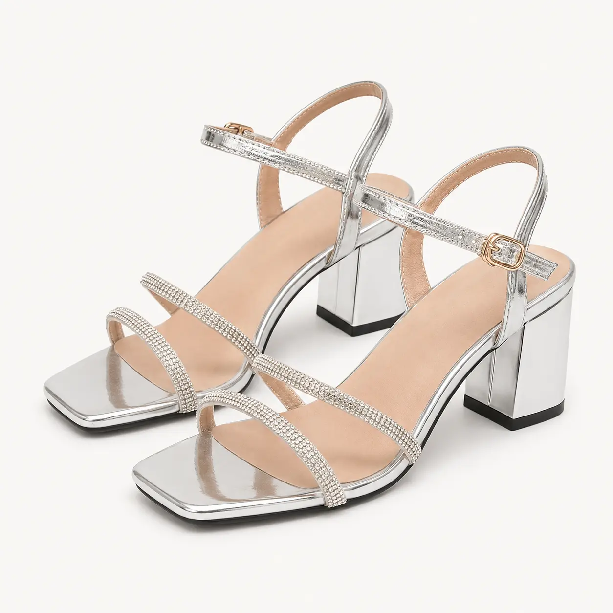 GeeYea women’s Silver Rhinestone Block Heel Sandals, Square Toe Open Toe High Heels with Adjustable Ankle Strap, Metallic PU Upper & PVC Sole, Elegant Shoes for Wedding, Party, Date Night & Spring Summer Outfits