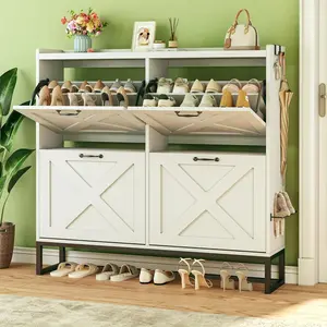 Shoe Cabinet with 4 Flip Drawers, Storage Cabinet with Mounted Rack & Adjustable Shelves, Narrow Shoe Cabinet with Metal Legs, White, for Entryway, Hallway Visit the HUAHUU Store