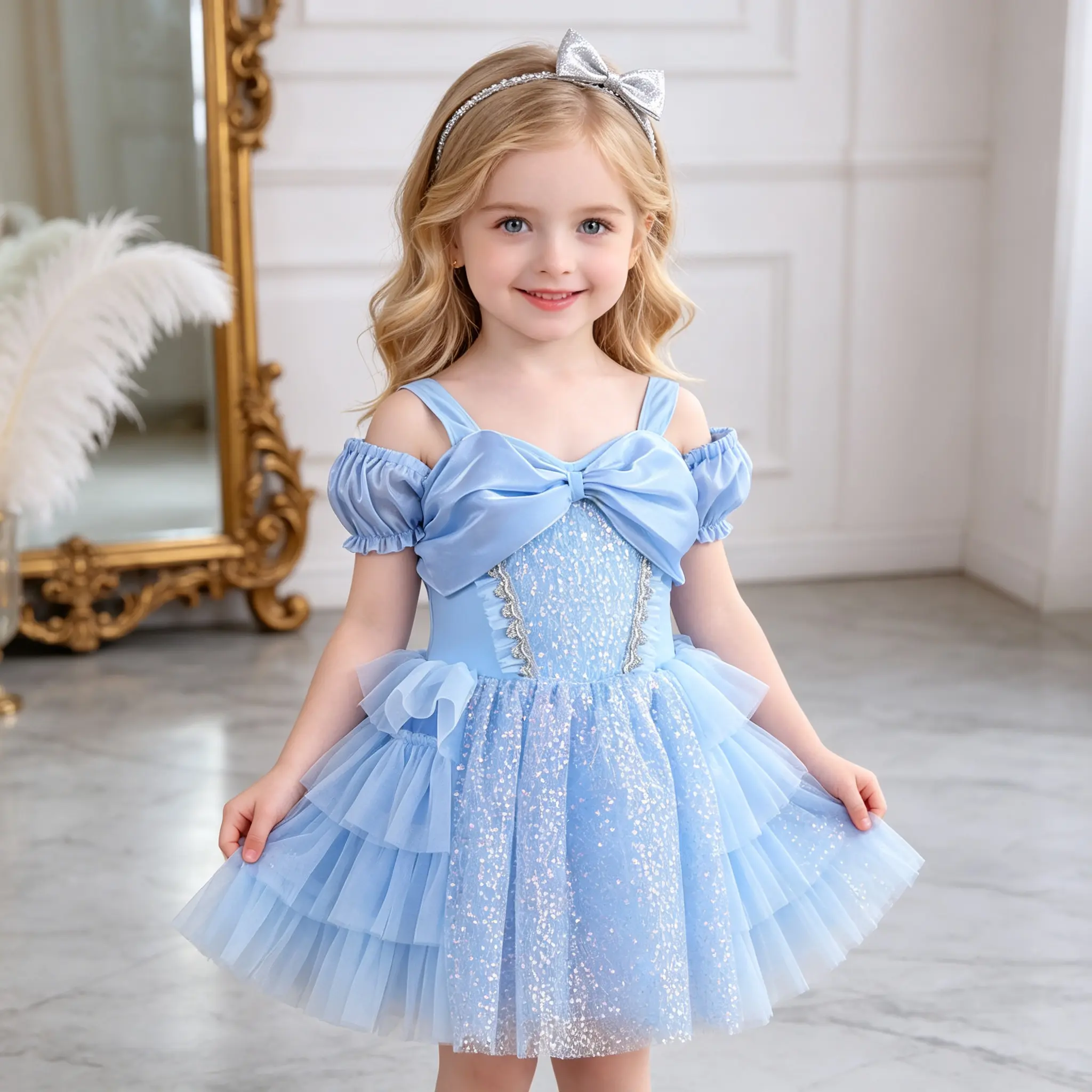 Blue Princess Dress for Girls – Off-Shoulder Tulle Ball Gown with Big Bow & Sparkles, Formal Pageant & Birthday Party Outfit