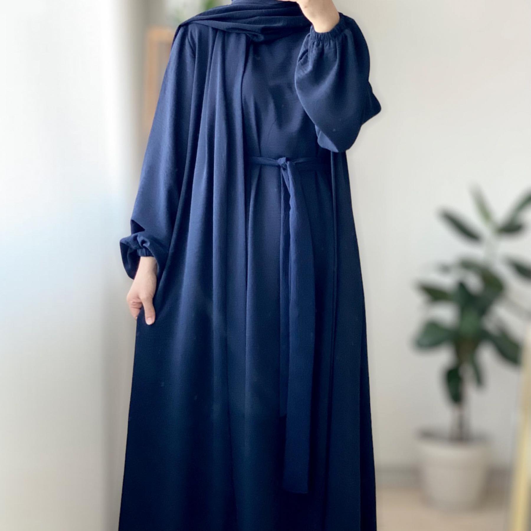 MOA092 Solid Color Elegant Open Abaya with Pockets 3-Piece Set for Women Breathable Fabric Full Length Jilbab Summer Outfits Modern Midi