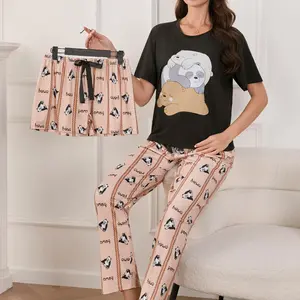 Women’s cute panda animal print pajama set, high-quality 3-piece short-sleeve crewneck T-shirt top with bow decoration and loose shorts, comfortable casual all-season loungewear