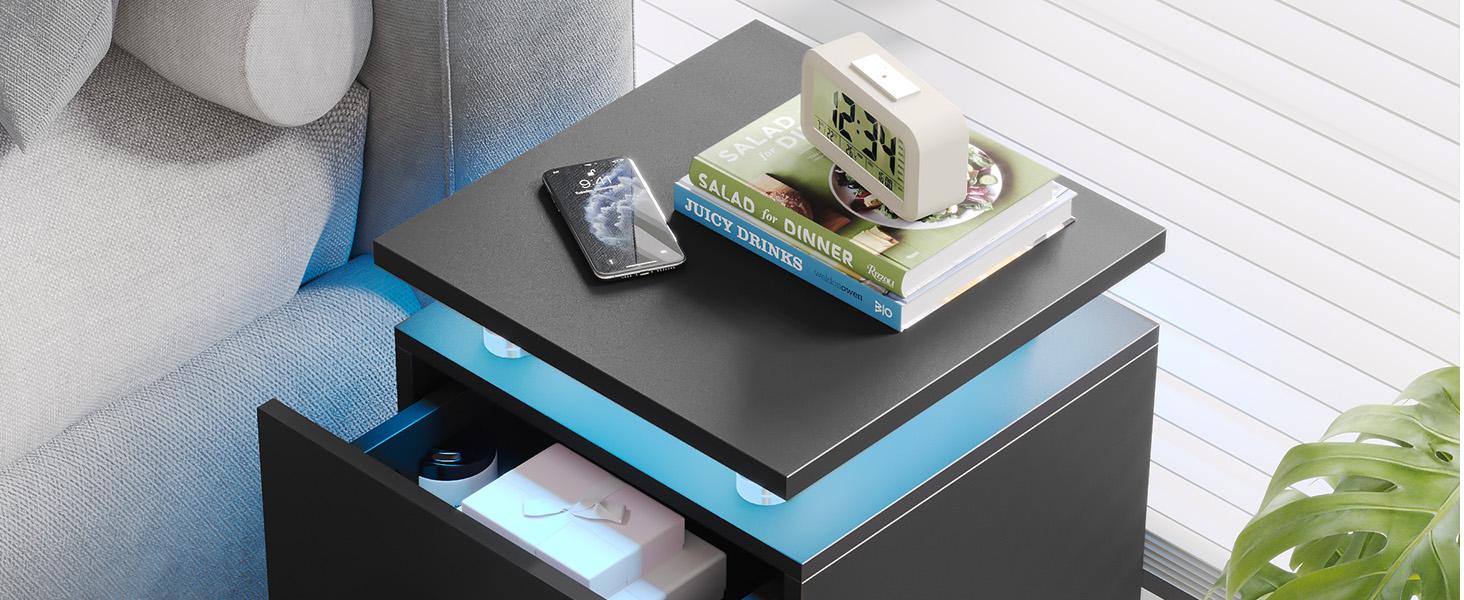 oneinmil Nightstand Set of 2 with LED Lights, 15IN Black Bedside Table, 2 Storage Drawers, Compact Design for Bedroom, Modern Finish