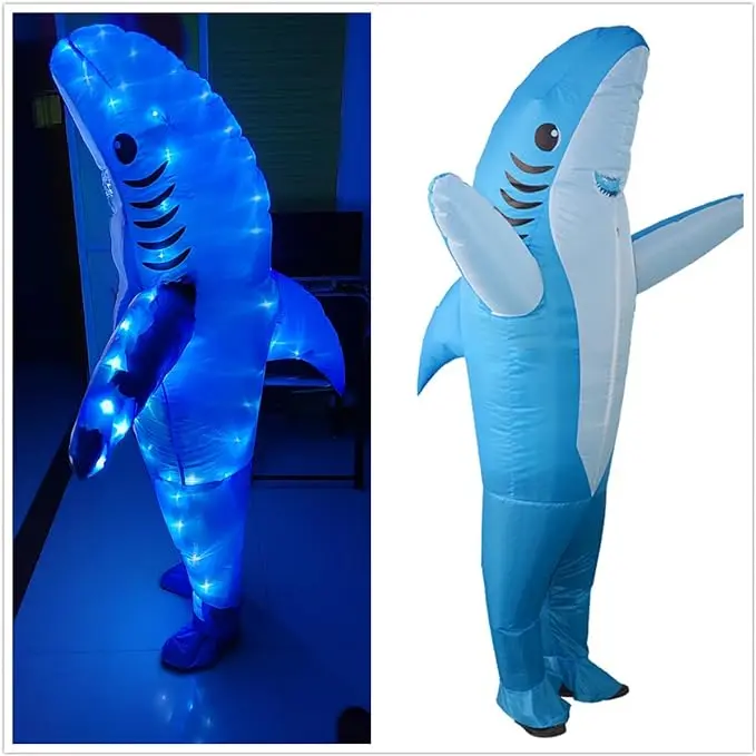 Adult Blue Shark Light Up Inflatable Costumes | Air Blow up Jumpsuit Funny LED Light Up Halloween Costumes Cosplay Fantasy Costume