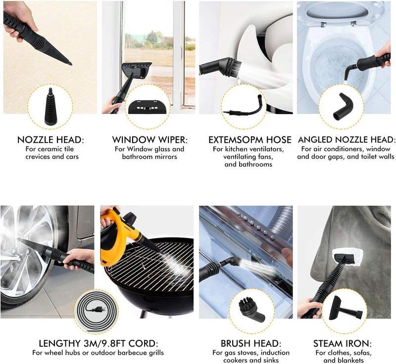1200W Powerful Handheld Steam Cleaner with Detergent Container and Safety Lock with 12 Accessories, Multi-Purpose Pressurized Handheld Steamer/Steam Mop for Kitchen, Bathroom, Windows and Floors, Furniture and Kitchen Appliances.