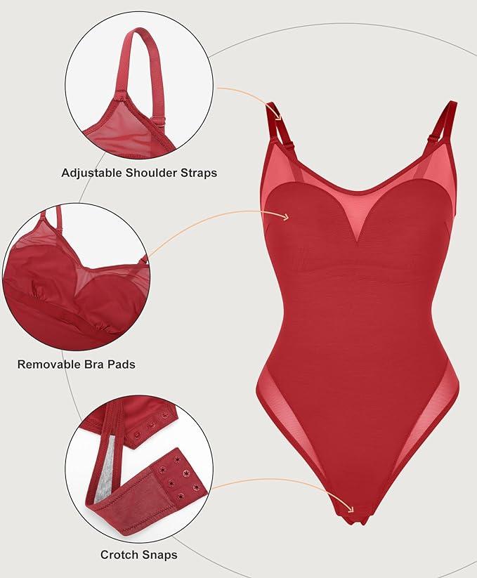 Popilush Sheer Mesh Cut-Out Sleeveless Shapewear Bodysuit Minimalist Spaghetti Strap