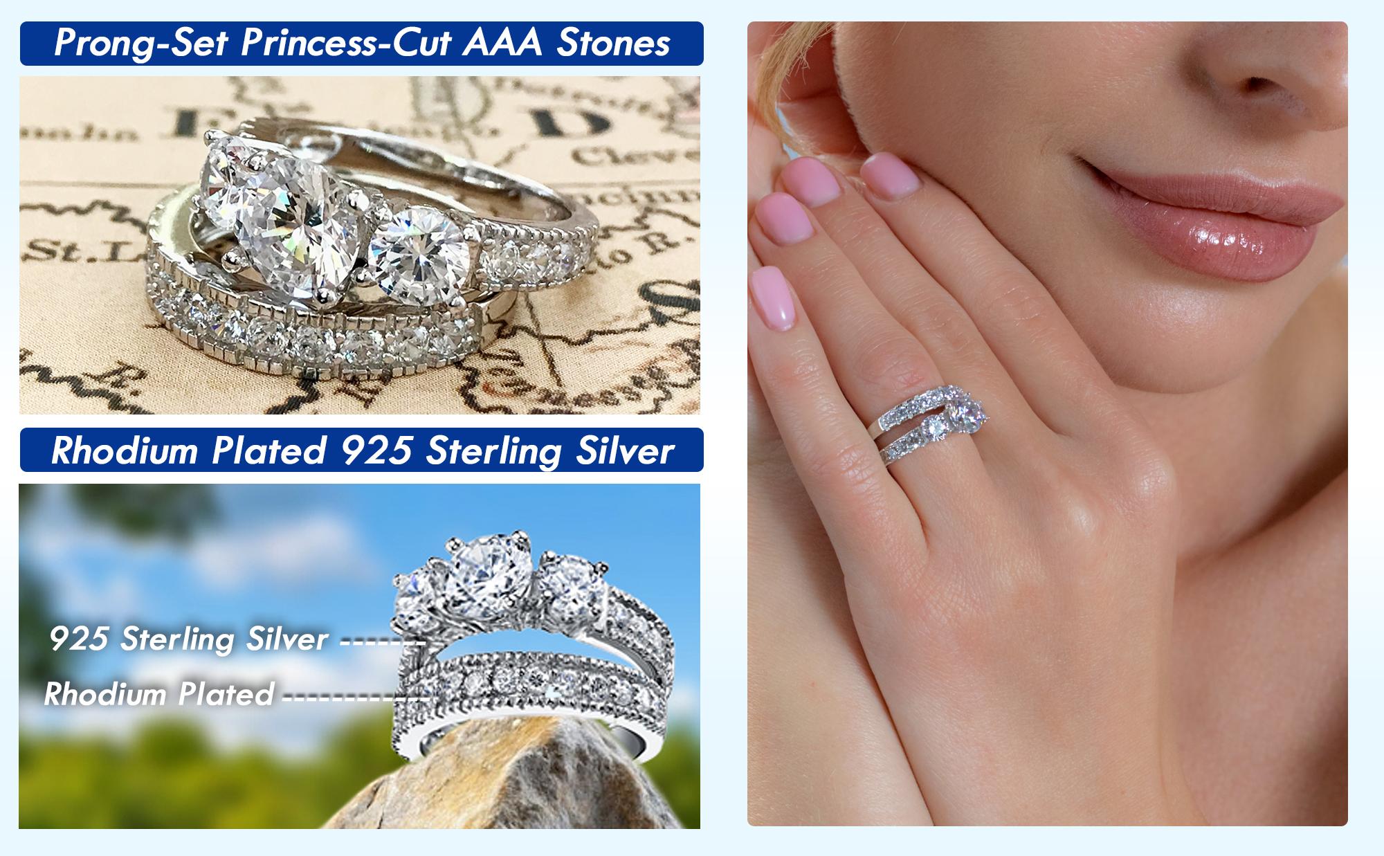 Women's 3.4Ct. Sterling Silver Past Present Future 2-Pc Bridal Set Engagement Wedding Ring Cubic Zirconia