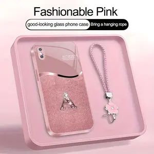 Luxury Pink Phone Case with Lanyard Initial Letter A-Z Cover for iPhone Xs Max --975