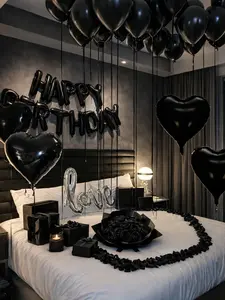 38PCS Black Happy Birthday Balloon Decorations – 16" Letter Foil Balloons, Black Latex Balloons, Heart Foil & Love Balloons for Birthday Party Backdrop Decor