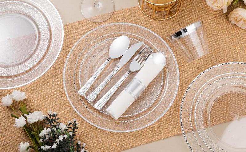 Premium 350PCS Silver Rim Party Tableware Set, Elegant Clear Plastic Plates Cups & Napkins, BPA-Free for Weddings, Parties & Anniversaries
