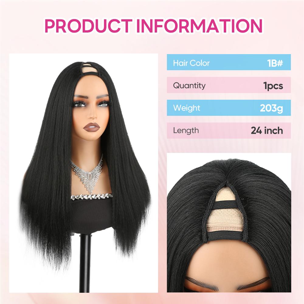 AuvzyHair 24inch V Part Wig Body Wave Glueless Clip In Extensions Thin Part Long Wavy Black Half Wig for Women Synthetic Hair No Leave Out V Part Wigs Beginner Friendly for Summervibes