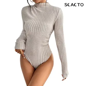 Scacto Women's Ribbed Mock Neck Long Sleeve Slim-Fitting Knit Jumpsuit, High Neck Bodysuit for Spring, Autumn, Versatile Casual Wear,summerwins