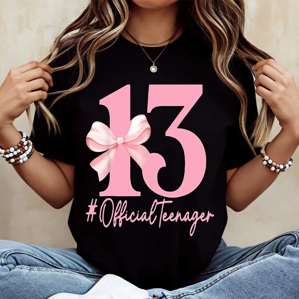 Pink Number 13 With Bow And Official Teenager Text Print T Shirt  Crew Neck Casual Tee For 13th Birthday Celebration