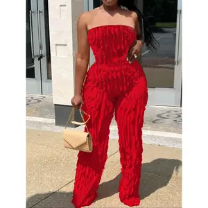 Women's solid color backless pleated chiffon tube jumpsuit, fashionable and casual sleeveless strapless jumpsuit, suitable for daily outdoor wear, women's clothing for Valentine's Day in all seasons, gifts