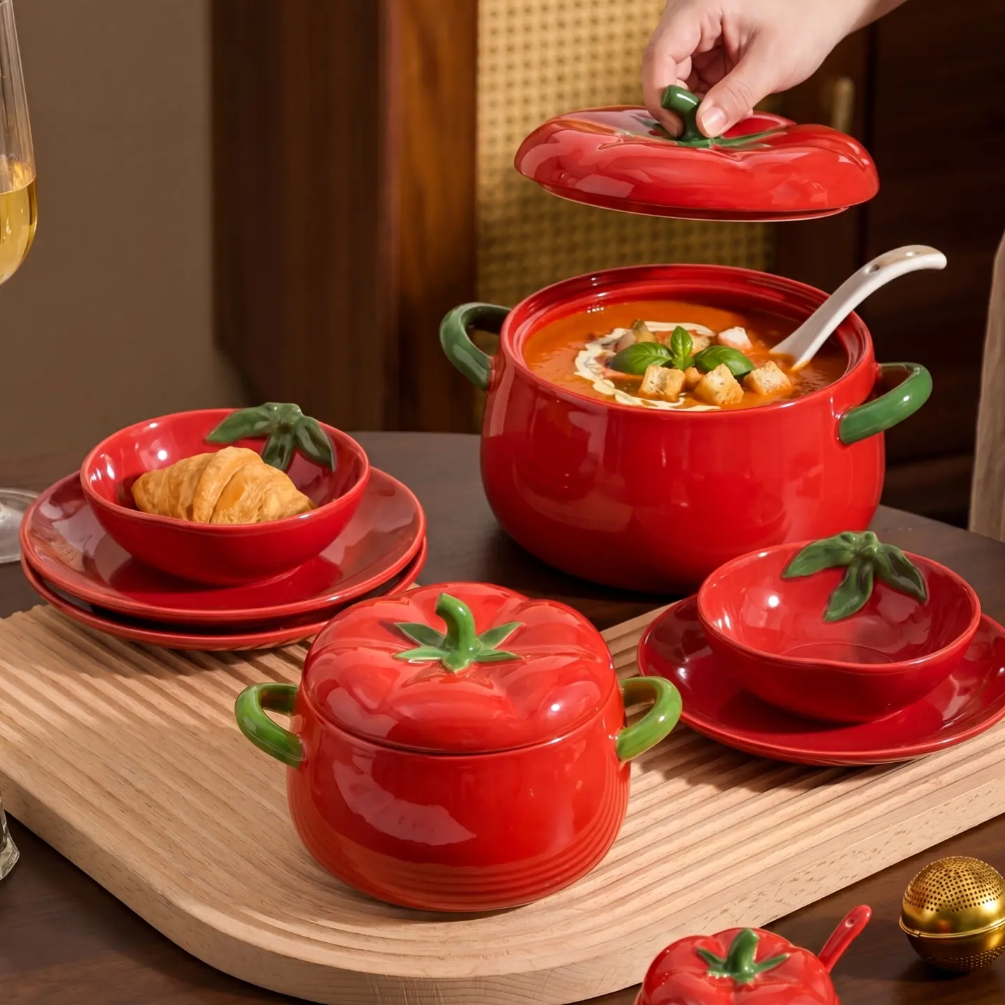HongDian Red Tomato Tableware Series,Optional Lidded Soup Pot,Bowl,4.5 in Seasoning Jar,8/9 in 900/1650ml 30/56 oz,Premium Ceramic,SGS Tested Underglaze Fade Resistant,Microwave Dishwasher Oven Sterilizer Safe,Home Kitchen Gift Party All Ages, 8\ Tomato S