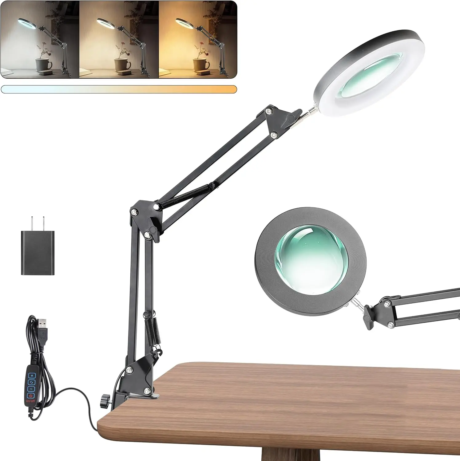UBeesize 10X Lighted Magnifying Glass with Stand & Clamp - Illuminated LED Lighting Magnifier, Hands-Free Desk Accessory, Adjustable Brightness Desk Lamp for Jewelry, Sewing, Unisex Close Work, Desk Accessories