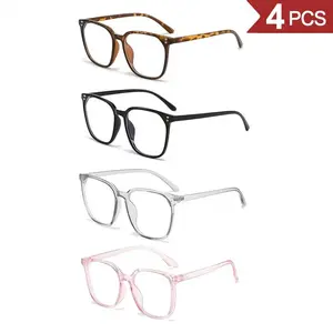 4-Pack Women's Blue Light Blocking Glasses Anti-Round Face Eyewear Set with 4 Fashion Frame Colors Internet Celebrity Style Windproof No-Makeup Essential Lightweight Clear Lens
