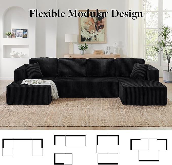 【Shipped in 2 or 3 packages】Popular No Assembly Needed 132'' U-Shape Oversized Cloud  sofa Couch - Corduroy Modular Sectional Sofa with 6 Soft Pillows, Deep Seat Boneless Upholstered Couches for Living Room