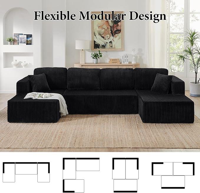 【Shipped in 2 or 3 packages】Popular No Assembly Needed 132'' U-Shape Oversized Cloud  sofa Couch - Corduroy Modular Sectional Sofa with 6 Soft Pillows, Deep Seat Boneless Upholstered Couches for Living Room