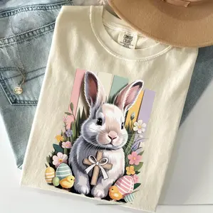 Comfort colors Easter Bunny Collage Shirt Christian Easter Tee With Cross And Eggs Cottagecore Vintage Spring Shirt Faith Based Easter Gift Cottagecore Easter Bunny