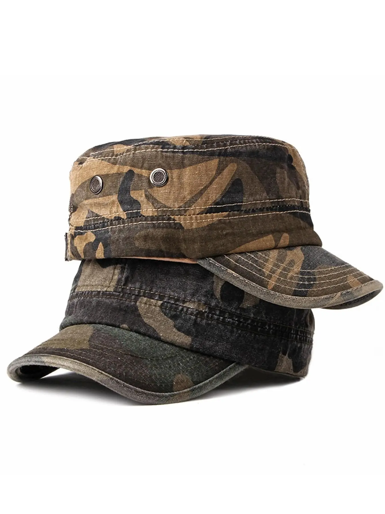 2 Pack Washed Outdoor Military Cadet Army Caps, Vintage Flat Top Camo Trucker Hats Graphic