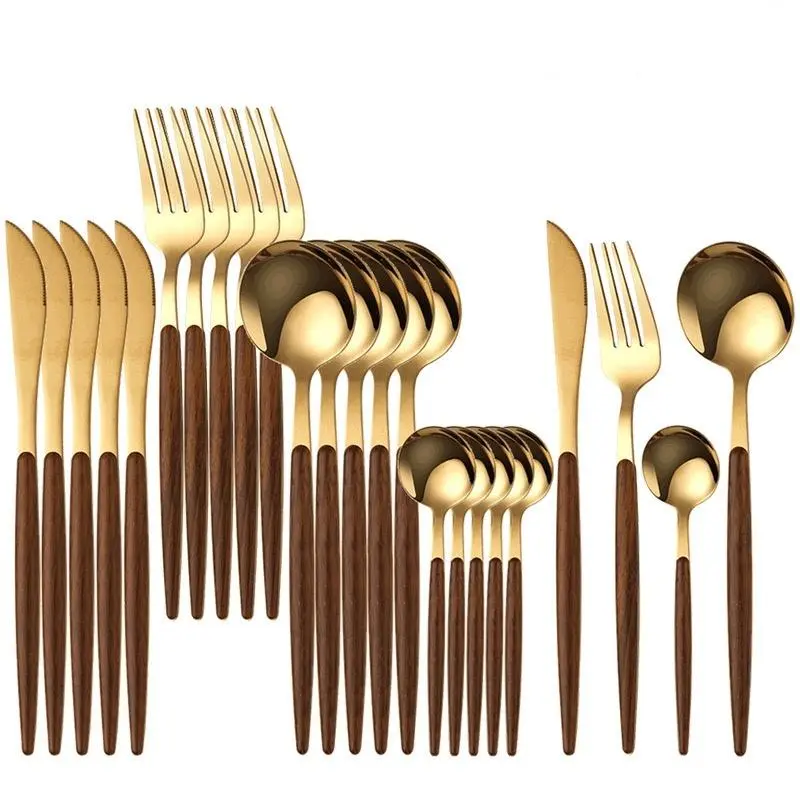 24pcs High-End Stainless Steel Cutlery Set, Modern Durable Tableware Sets, Cutlery Service Kits, Dinnerware Service Set, Wood Handle, Dishwasher Safe, Perfect for Hotel Weddings Family Gatherings, Gift Essential