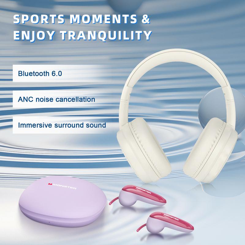 Monster Bluetooth Headphones Set – Includes Over-Ear Wireless Headphones and Ear Buds Ear-Hook Earphones, Deep Bass, Clear Sound, Noise Cancelling Mic, Noise Isolation, IPX5 Waterproof, 40H + 80H Playtime, Ideal for Travel, Work & Gifts for Men and Women