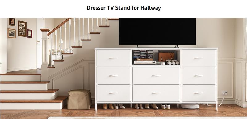 RaybeeFurniture TV Stand with Power Outlet Entertainment Center with 8 Fabric Deep Drawers Media Console Table for 55" TV Wide Storage Drawer Dresser for Bedroom, Living Room, Entryway