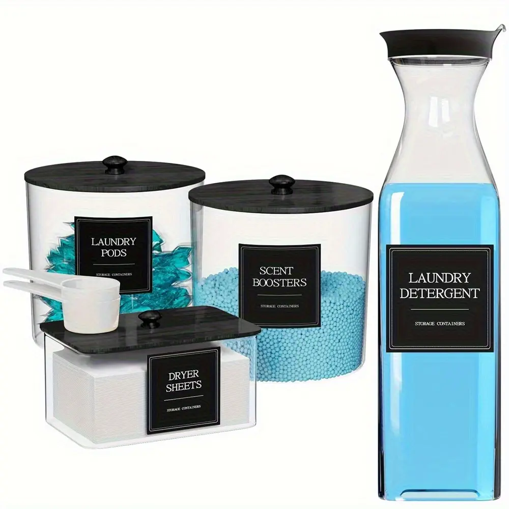 3+1 Laundry Storage Set, Home Organization Containers, Organizers and Storage, Includes Soap Dispenser & Dryer Sheet Holder, Essential Detergent Accessories, Perfect for Organized Washrooms, Durable Plastic Material Canister Jar, Plastic Canisters