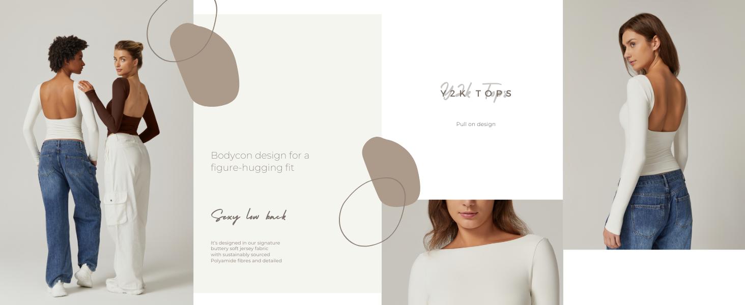 QINSEN Women's Sexy Open Back Long Sleeve Shirts High Neck Double Lined Tees Fitted Going Out Tops