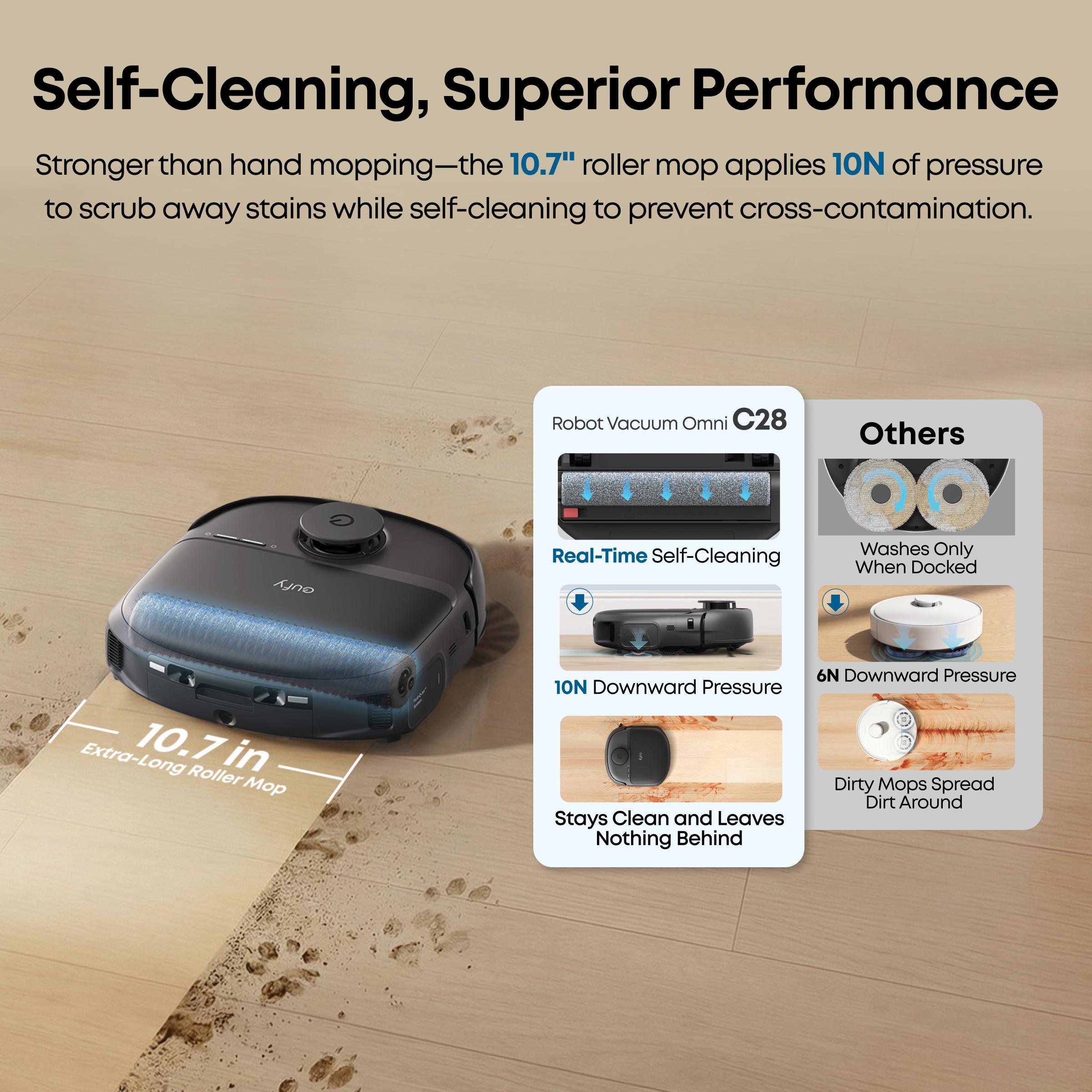 eufy C28 Robot Vacuum and Mop Combo, HydroJet Self-Cleaning Roller Mop, DuoSpiral Detangle Brush, 15,000 Pa Turbo High Suction, 5-in-1 Robot Vacuum and AI Obstacle Avoidance